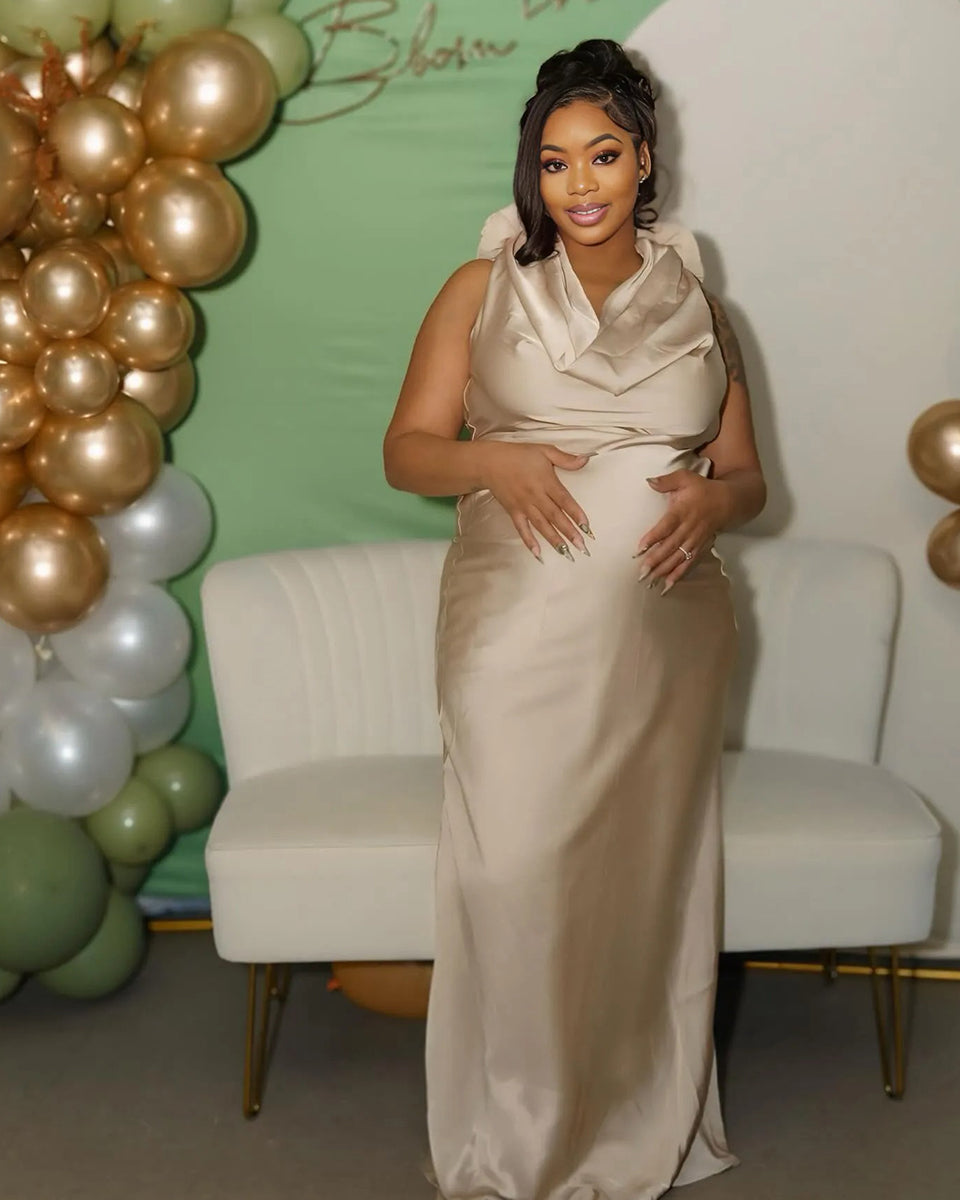Momnfancy Champion Satin Cowl Neck Backless Bodycon Elegant Party Gown Baby Shower Maternity Maxi Dress