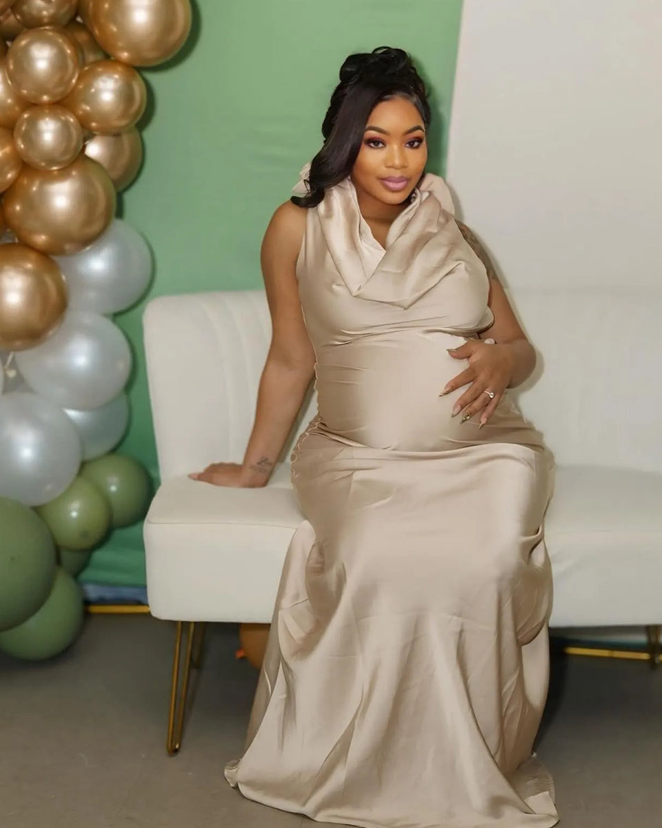 Momnfancy Champion Satin Cowl Neck Backless Bodycon Elegant Party Gown Baby Shower Maternity Maxi Dress