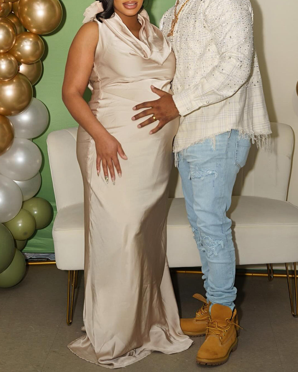 Momnfancy Champion Satin Cowl Neck Backless Bodycon Elegant Party Gown Baby Shower Maternity Maxi Dress