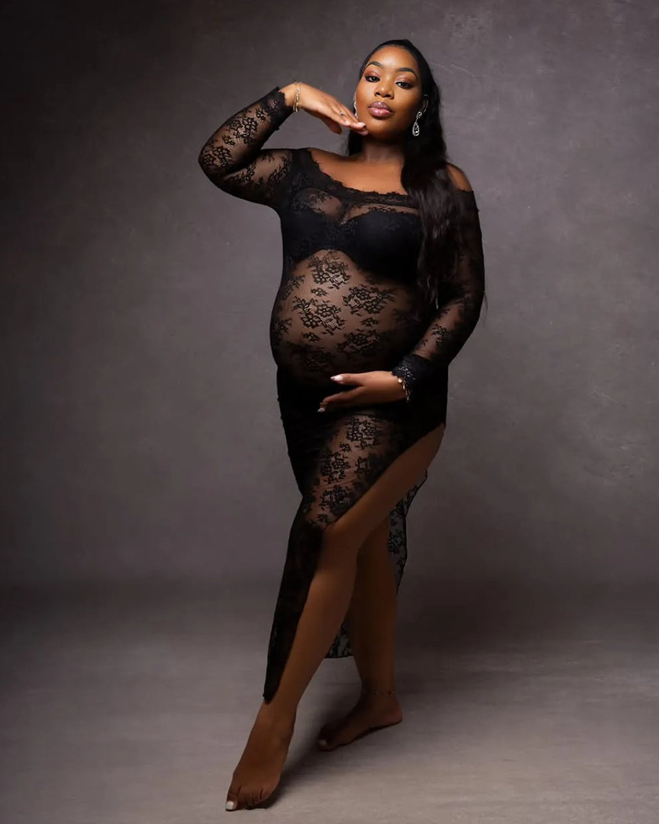 Momnfancy Black Lace Sheer Off Shoulder Side Slit Long Sleeve Irregular Photoshoot Maternity Maxi Dress