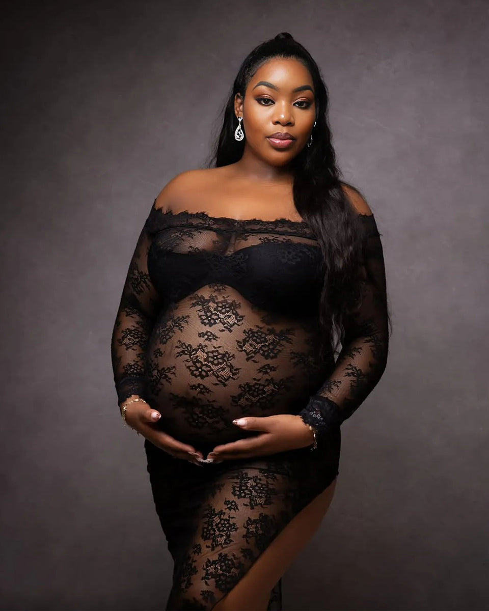 Momnfancy Black Lace Sheer Off Shoulder Side Slit Long Sleeve Irregular Photoshoot Maternity Maxi Dress