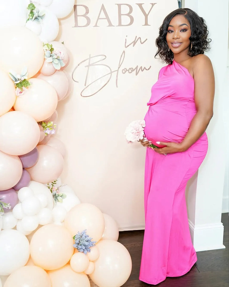 Momnfancy Rose Carmine One Shoulder Ruched Plus Size Baby Shower Maternity Maxi Dress