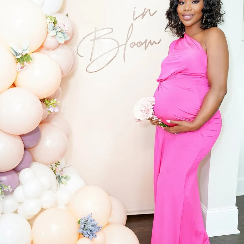 Momnfancy Rose Carmine One Shoulder Ruched Plus Size Baby Shower Maternity Maxi Dress