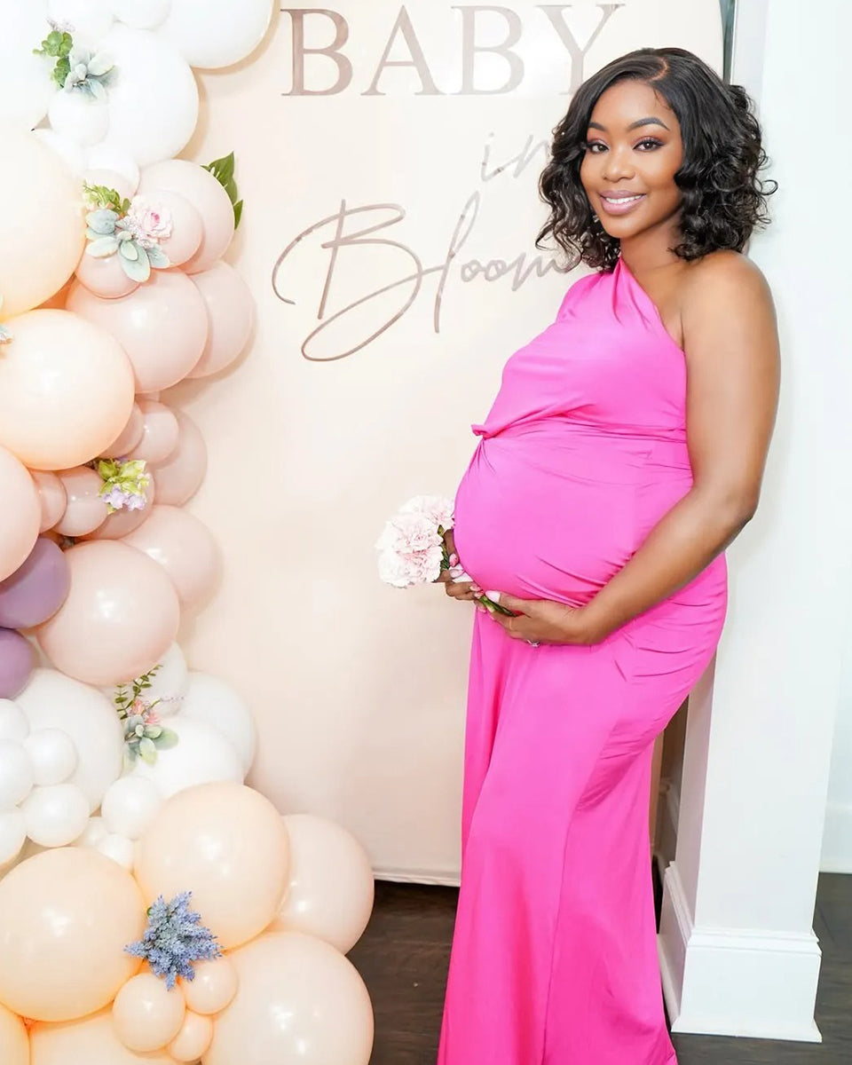 Momnfancy Rose Carmine One Shoulder Ruched Plus Size Baby Shower Maternity Maxi Dress