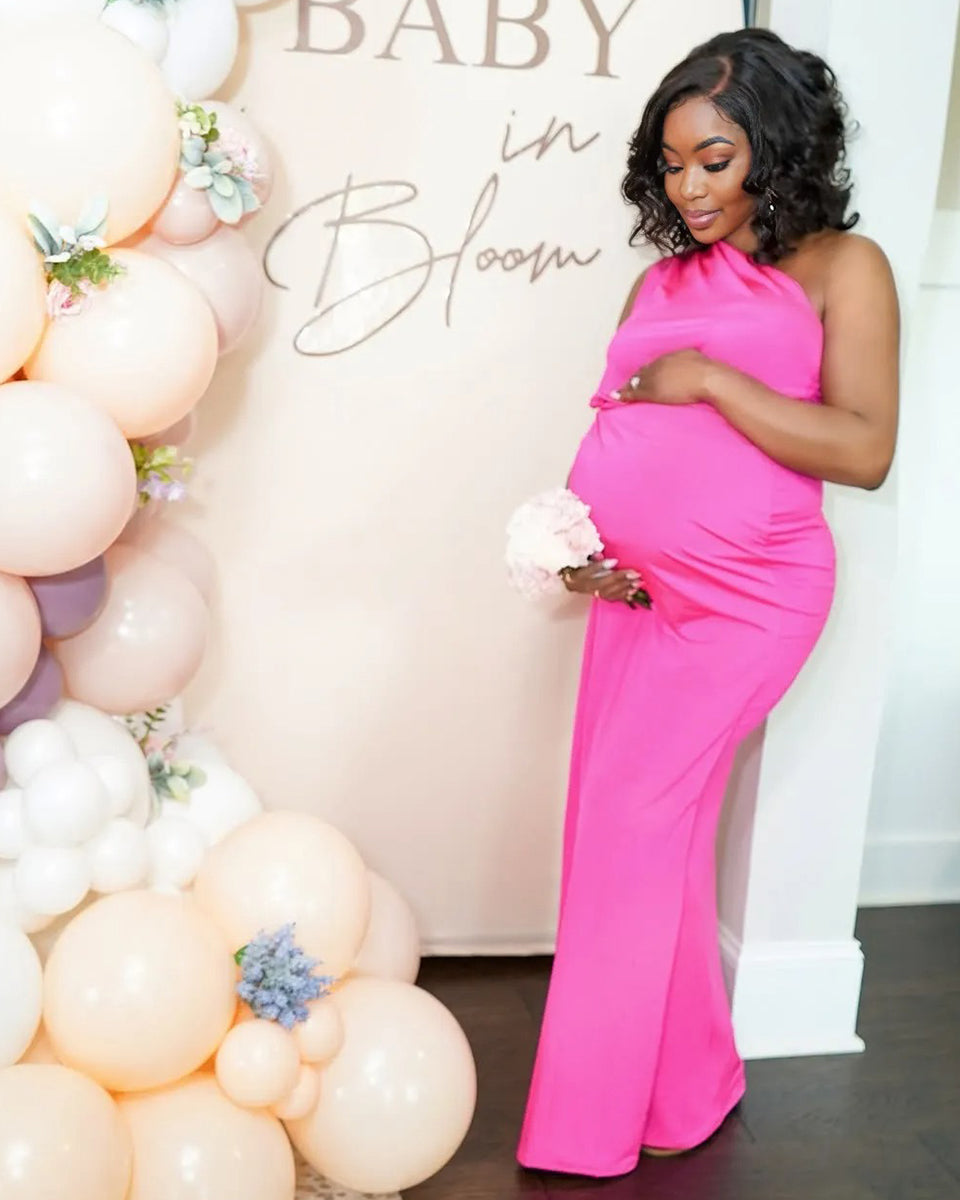 Momnfancy Rose Carmine One Shoulder Ruched Plus Size Baby Shower Maternity Maxi Dress