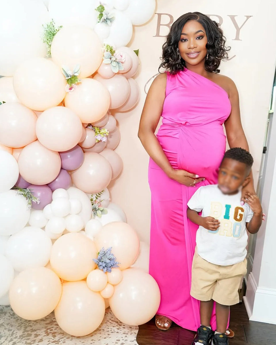 Momnfancy Rose Carmine One Shoulder Ruched Plus Size Baby Shower Maternity Maxi Dress