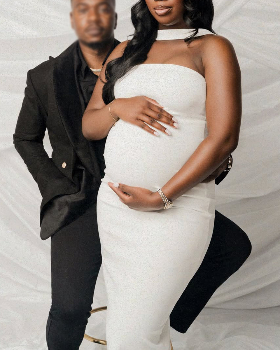 Momnfancy White Bandeau Halter Neck Bodycon Backless Photoshoot Maternity Maxi Dress