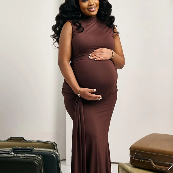 Momnfancy Brown Backless Ruched Draped Bodycon Mermaid Photoshoot Maternity Maxi Dress