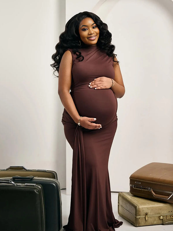 Momnfancy Brown Backless Ruched Draped Bodycon Mermaid Photoshoot Maternity Maxi Dress