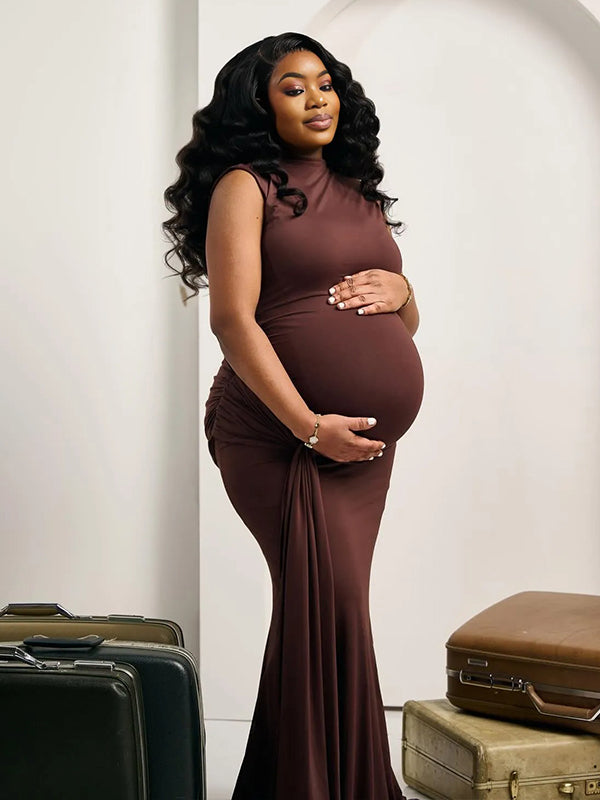 Momnfancy Brown Backless Ruched Draped Bodycon Mermaid Photoshoot Maternity Maxi Dress