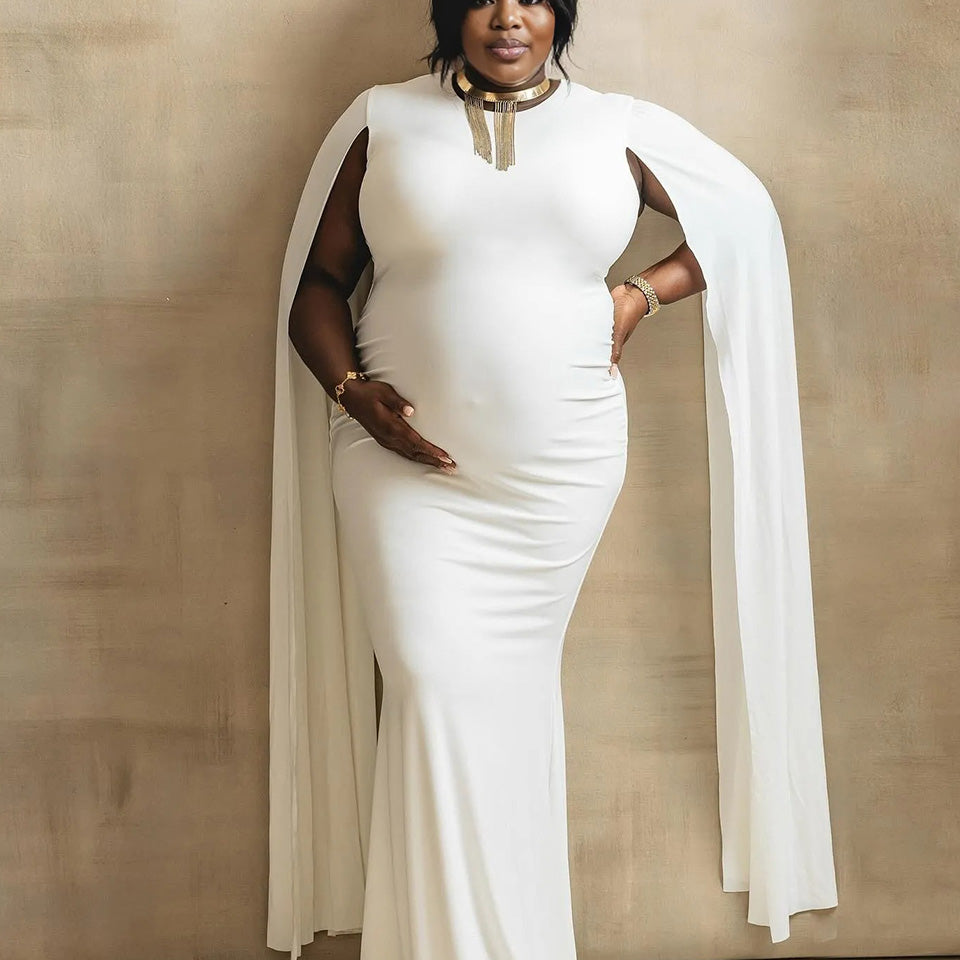 Momnfancy White Cloak Sleeve Bodycon Elegant Party Evening Gown Photoshoot Maternity Maxi Dress
