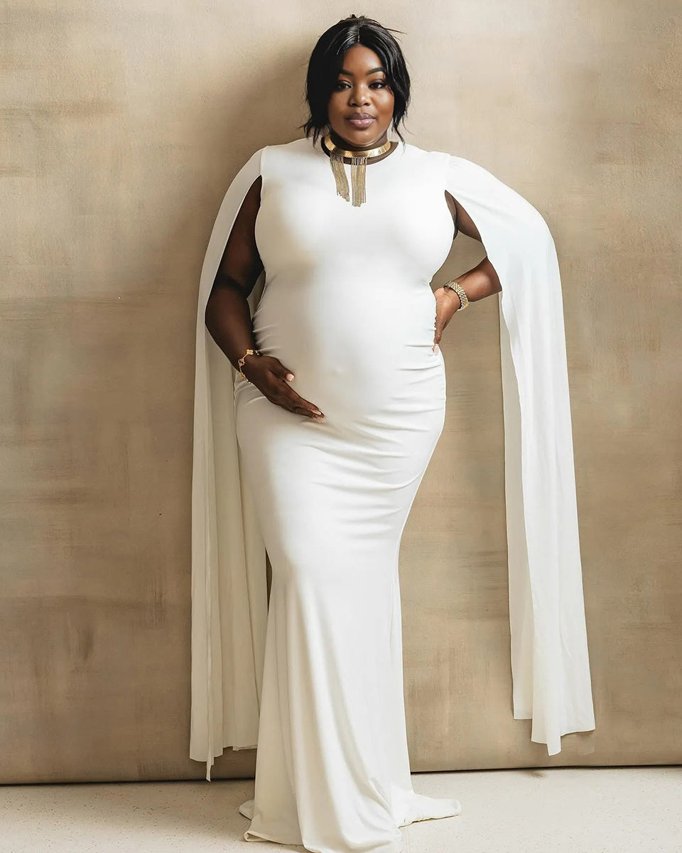Momnfancy White Cloak Sleeve Bodycon Elegant Party Evening Gown Photoshoot Maternity Maxi Dress