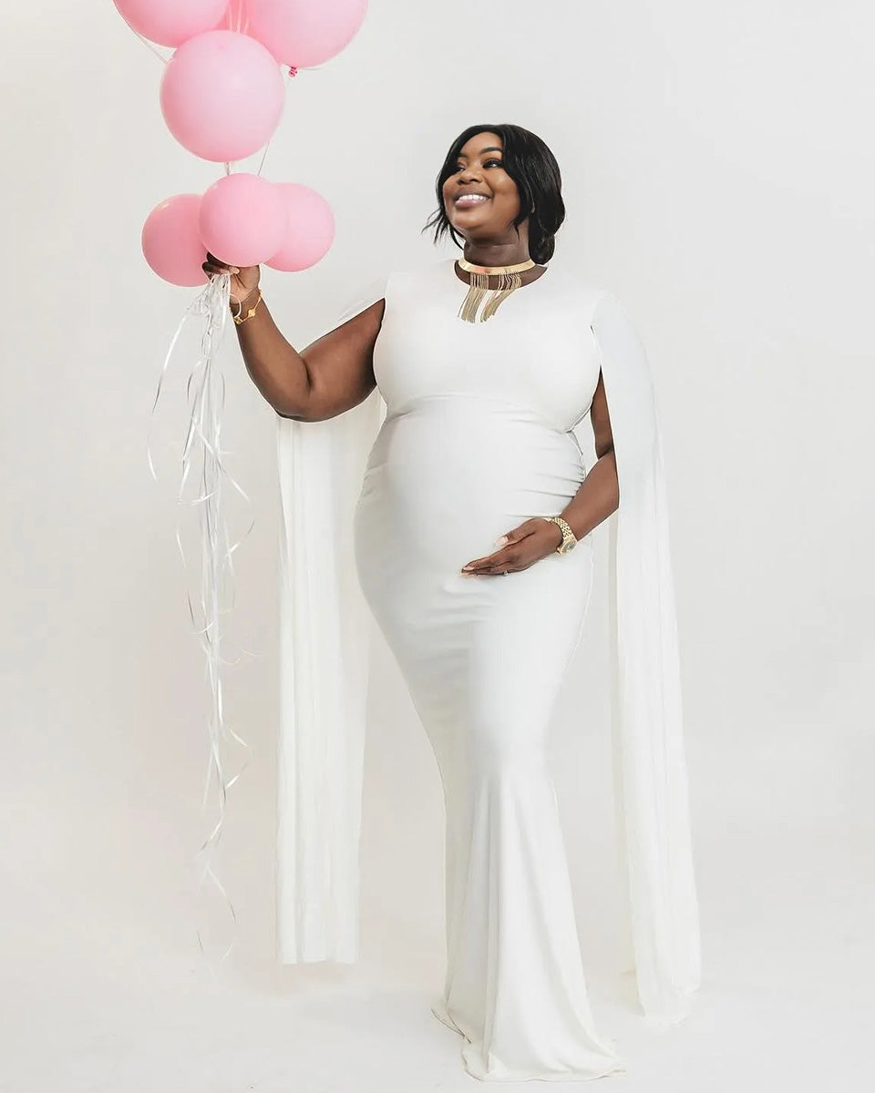 Momnfancy White Cloak Sleeve Bodycon Elegant Party Evening Gown Photoshoot Maternity Maxi Dress