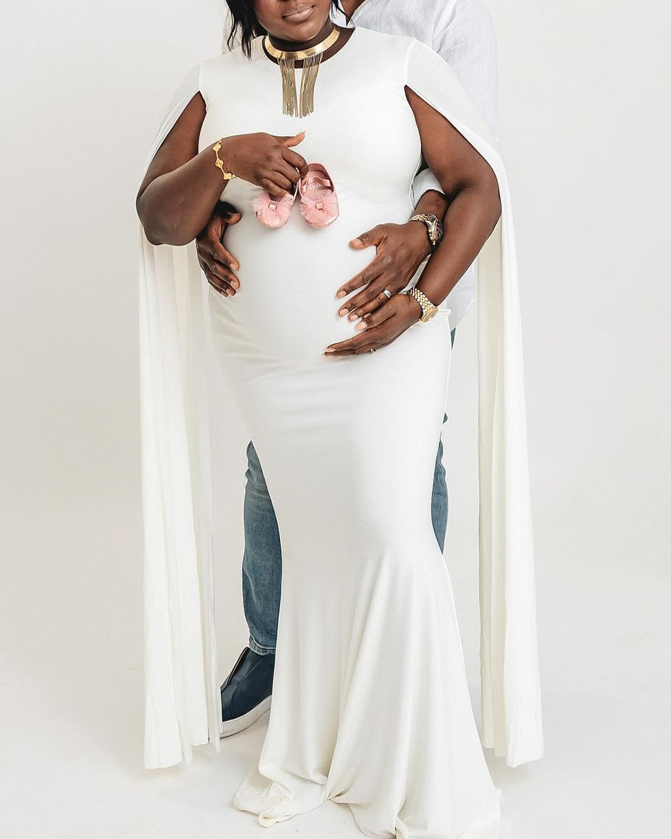 Momnfancy White Cloak Sleeve Bodycon Elegant Party Evening Gown Photoshoot Maternity Maxi Dress