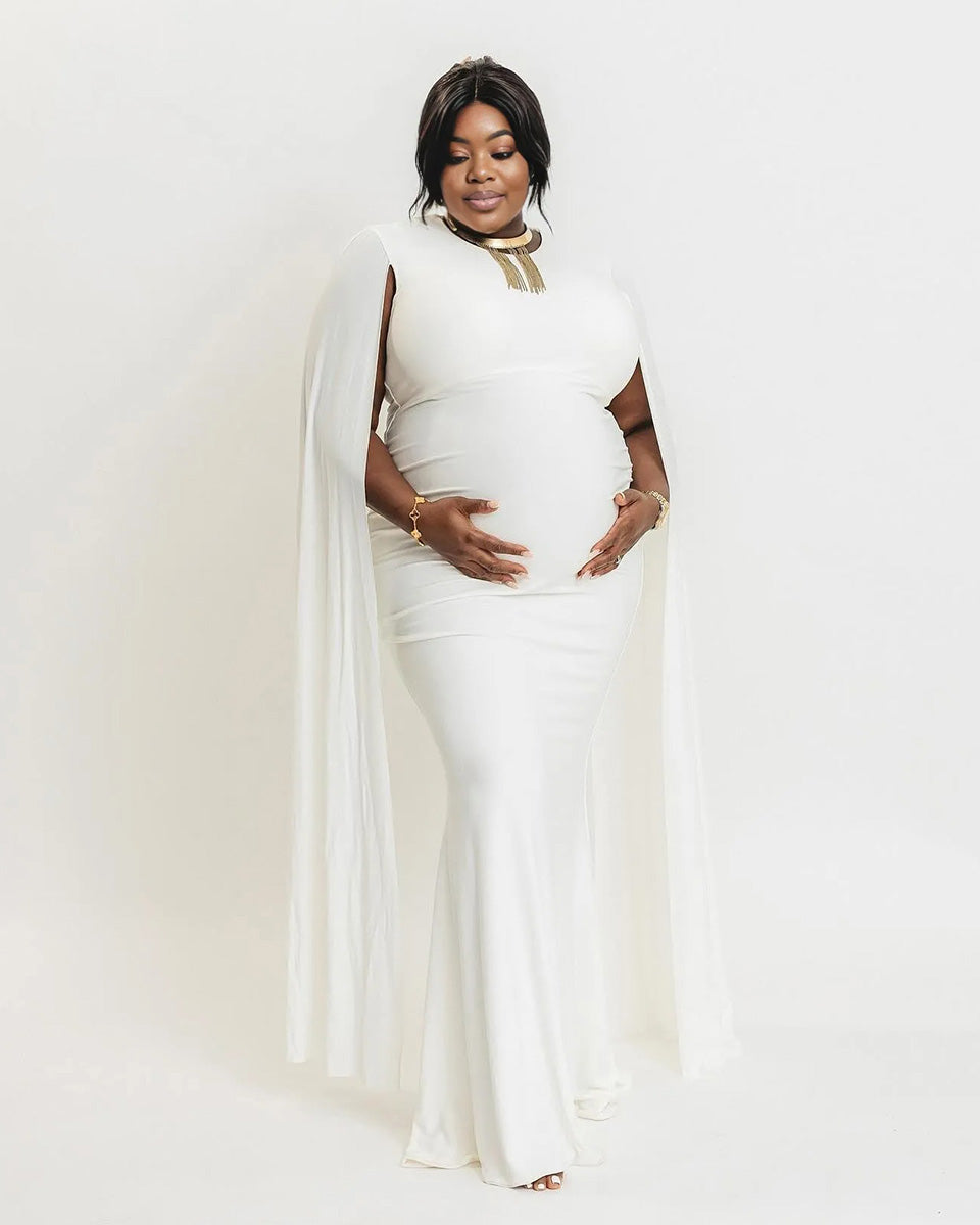 Momnfancy White Cloak Sleeve Bodycon Elegant Party Evening Gown Photoshoot Maternity Maxi Dress