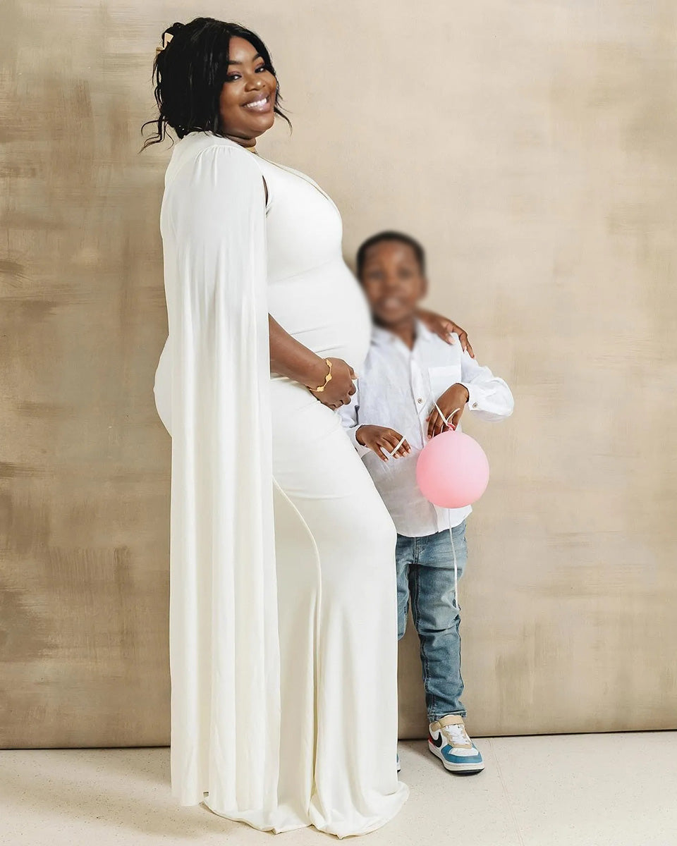 Momnfancy White Cloak Sleeve Bodycon Elegant Party Evening Gown Photoshoot Maternity Maxi Dress