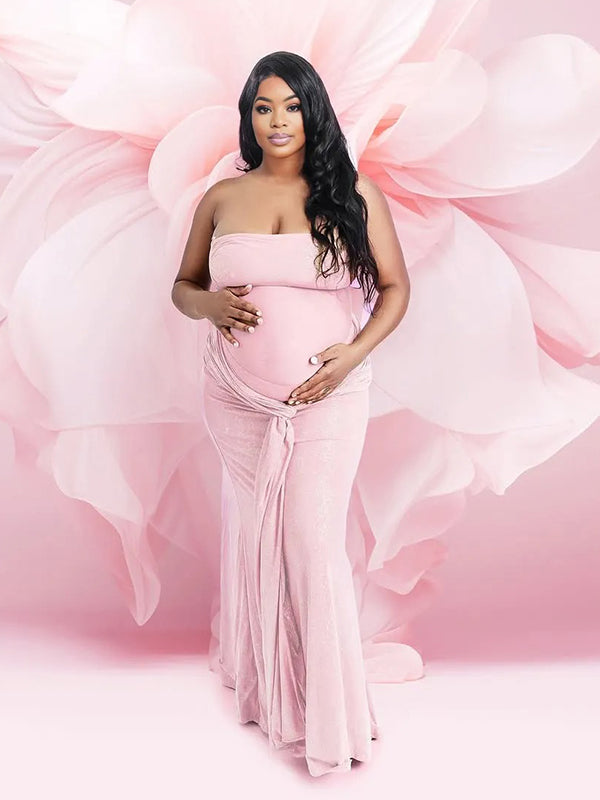 Momnfancy Pink Bandeau Ruched Lace-up Draped Bodycon Photoshoot Maternity Maxi Dress
