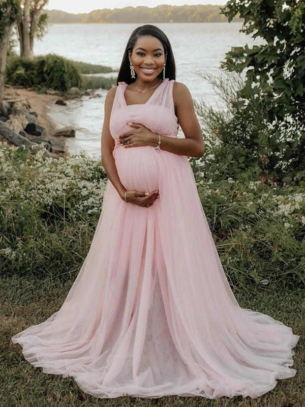 Momnfancy Tulle Backless High Waist Grenadine Wedding Gowns Photoshoot Maternity Maxi Dress