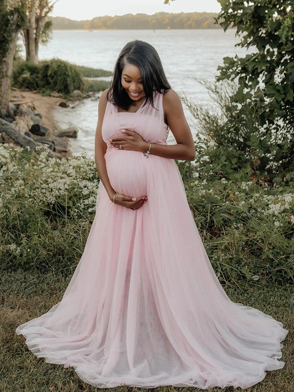 Momnfancy Tulle Backless High Waist Grenadine Wedding Gowns Photoshoot Maternity Maxi Dress