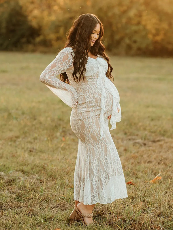 Momnfancy Lace 3D Flower Ruffle Long Sleeve Mermaid Bodycon Bridesmaid Gowns Photoshoot Maternity Maxi Dress