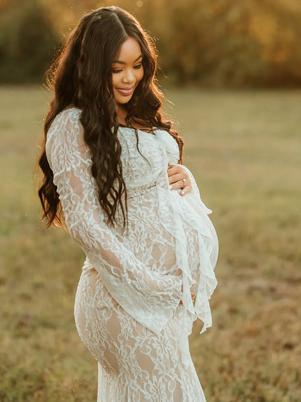 Momnfancy Lace 3D Flower Ruffle Long Sleeve Mermaid Bodycon Bridesmaid Gowns Photoshoot Maternity Maxi Dress