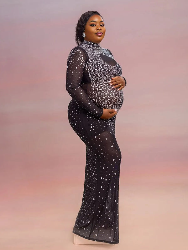 Momnfancy Mesh Diamond Sheer Long Sleeve Bodycon Banquet Evening Gown Photoshoot Maternity Maxi Dress