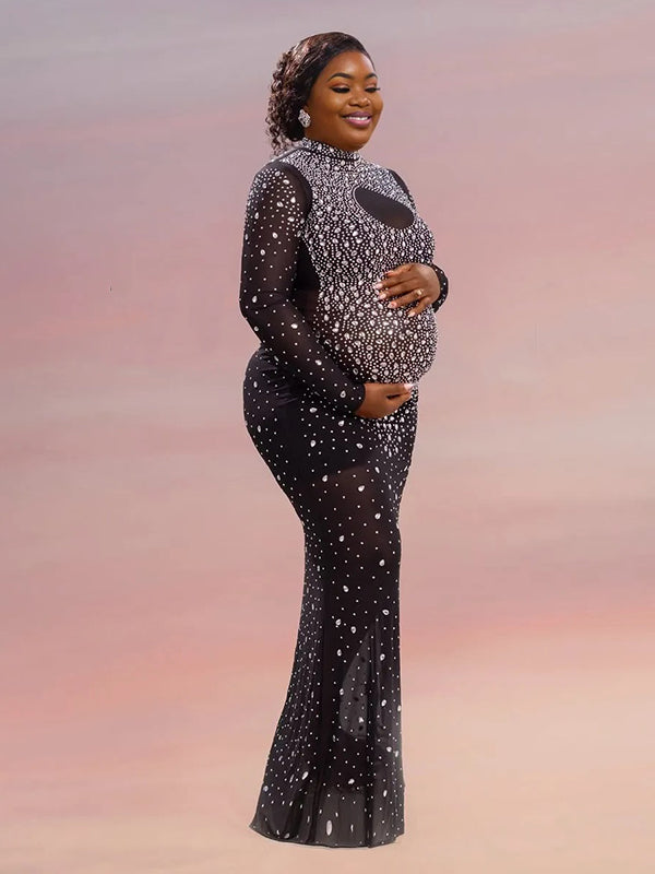 Momnfancy Mesh Diamond Sheer Long Sleeve Bodycon Banquet Evening Gown Photoshoot Maternity Maxi Dress