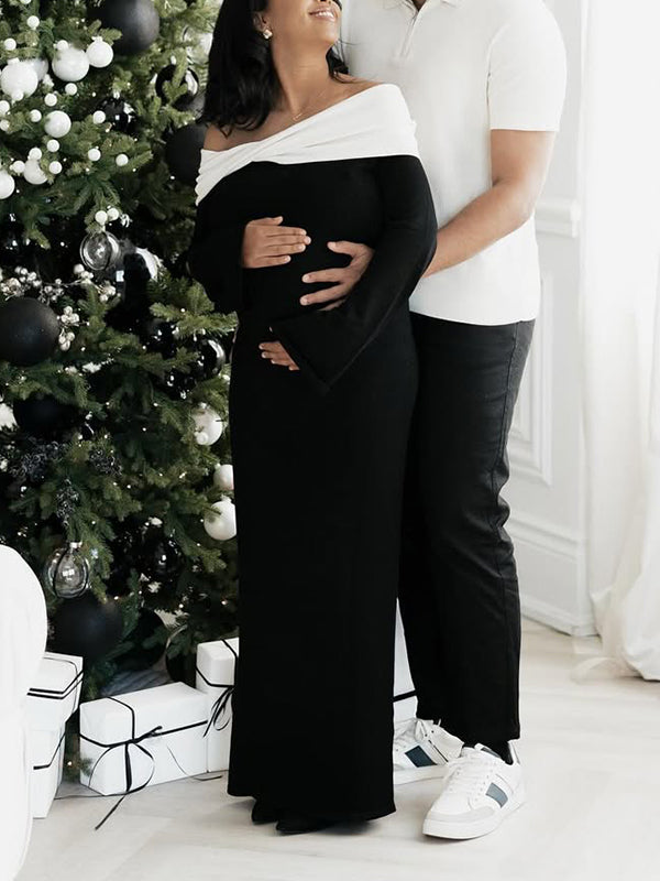 Momnfancy Off Shoulder Cross Front Long Sleeve Bodycon Knitting Photoshoot Maternity Maxi Dress