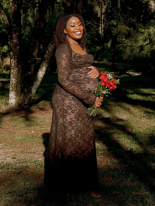 Momnfancy Lace Spaghetti Strap Tie Back 2-in-1 Bodycon Party Gown Photoshoot Maternity Maxi Dress