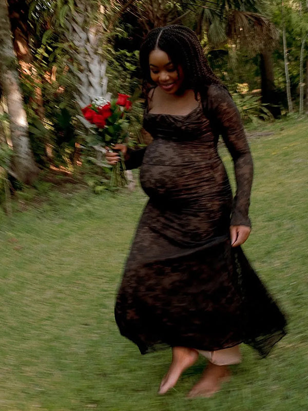 Momnfancy Lace Spaghetti Strap Tie Back 2-in-1 Bodycon Party Gown Photoshoot Maternity Maxi Dress