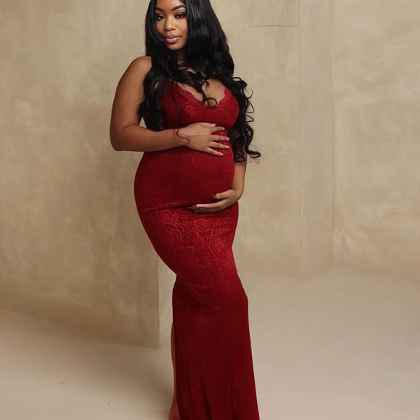 Momnfancy Lace Ruffle Spaghetti Strap Backless V-Neck Christmas Bodycon Party Gown Photoshoot Maternity Maxi Dress