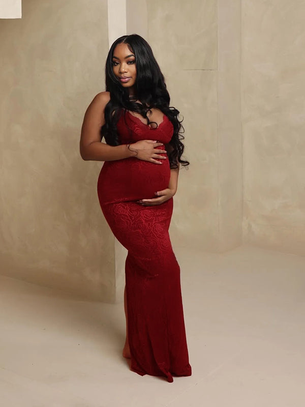 Momnfancy Lace Ruffle Spaghetti Strap Backless V-Neck Christmas Bodycon Party Gown Photoshoot Maternity Maxi Dress