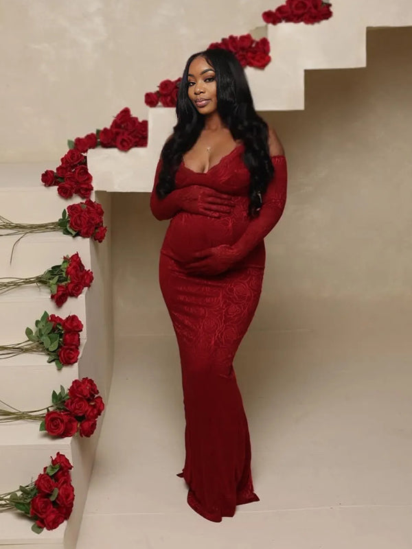 Momnfancy Lace Ruffle Spaghetti Strap Backless V-Neck Christmas Bodycon Party Gown Photoshoot Maternity Maxi Dress