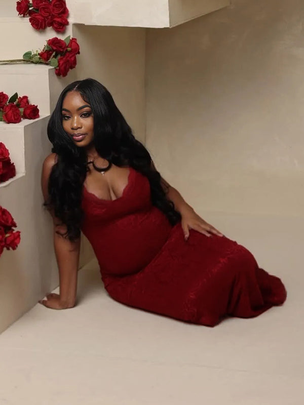 Momnfancy Lace Ruffle Spaghetti Strap Backless V-Neck Christmas Bodycon Party Gown Photoshoot Maternity Maxi Dress