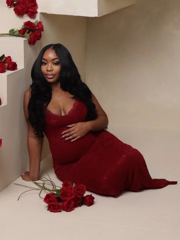 Momnfancy Lace Ruffle Spaghetti Strap Backless V-Neck Christmas Bodycon Party Gown Photoshoot Maternity Maxi Dress