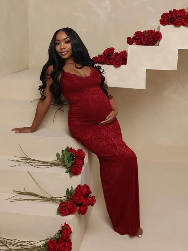 Momnfancy Lace Ruffle Spaghetti Strap Backless V-Neck Christmas Bodycon Party Gown Photoshoot Maternity Maxi Dress