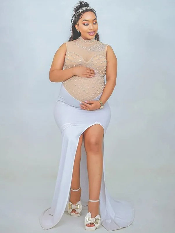 Momnfancy Diamond Pearl Mesh Splicing Side Slit Bodycon Mermaid Prom Evening Party Photoshoot Maternity Maxi Dress