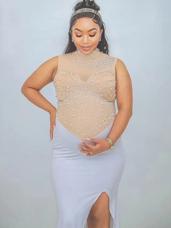 Momnfancy Diamond Pearl Mesh Splicing Side Slit Bodycon Mermaid Prom Evening Party Photoshoot Maternity Maxi Dress
