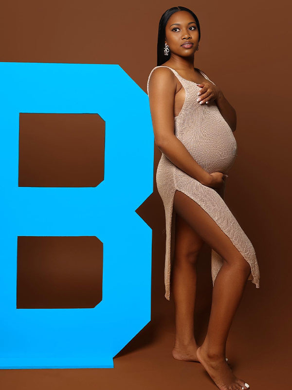 Momnfancy Skin Colour Skeleton V Neck Maternity Photoshoot Midi Dress