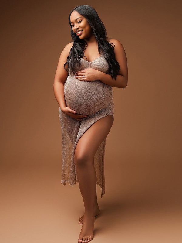 Momnfancy Skin Colour Skeleton V Neck Maternity Photoshoot Midi Dress