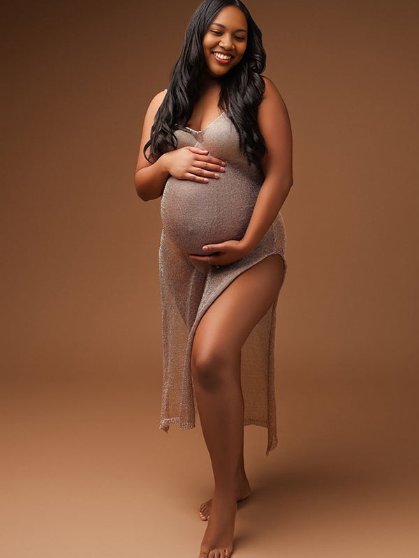 Momnfancy Skin Colour Skeleton V Neck Maternity Photoshoot Midi Dress