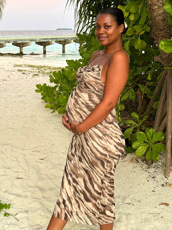 Momnfancy Leopard Ruched Cami Backless Chic Maternity Midi Dress