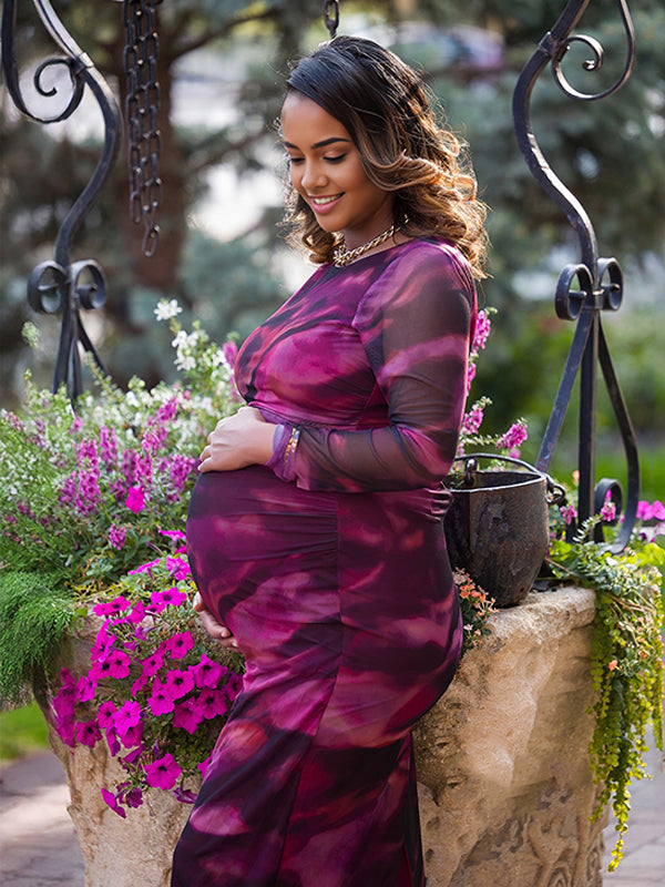 Momnfancy Tie Dye Mesh Ruched Chic Maternity Photoshoot Midi Dress