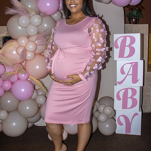 Momnfancy Pink Embroidery Sashes Bowknot Mesh Long Sleeve Bodycon Baby Shower Maternity Midi Dress