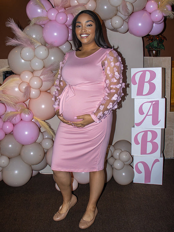 Momnfancy Pink Embroidery Sashes Bowknot Mesh Long Sleeve Bodycon Baby Shower Maternity Midi Dress