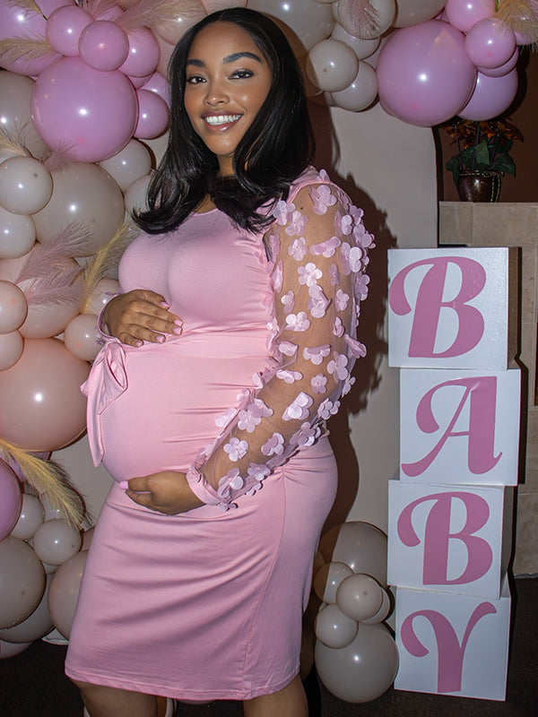 Momnfancy Pink Embroidery Sashes Bowknot Mesh Long Sleeve Bodycon Baby Shower Maternity Midi Dress