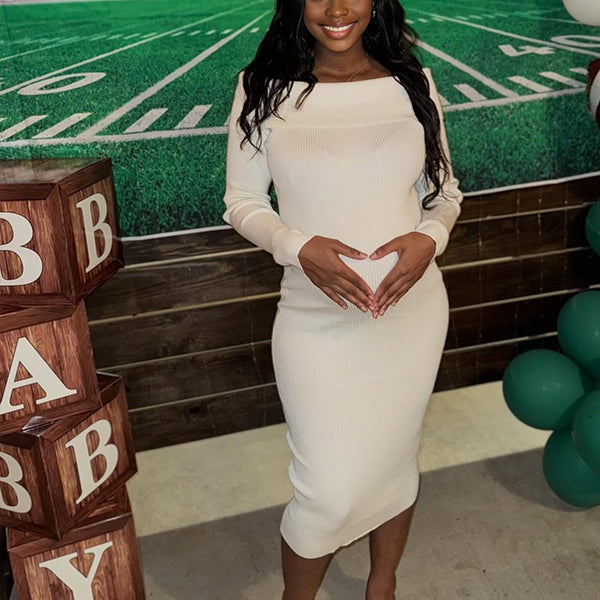 Momnfancy White Knitting Off Shoulder Backless Bodycon Long Sleeve Baby Shower Maternity Sweater Dress