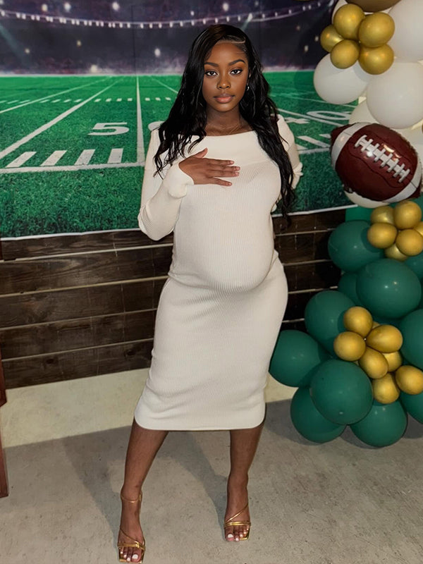 Momnfancy White Knitting Off Shoulder Backless Bodycon Long Sleeve Baby Shower Maternity Sweater Dress