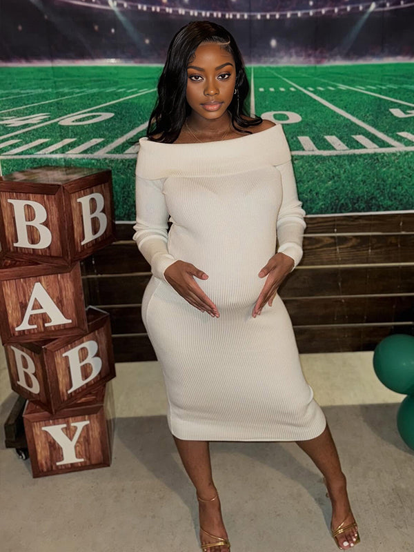Momnfancy White Knitting Off Shoulder Backless Bodycon Long Sleeve Baby Shower Maternity Sweater Dress