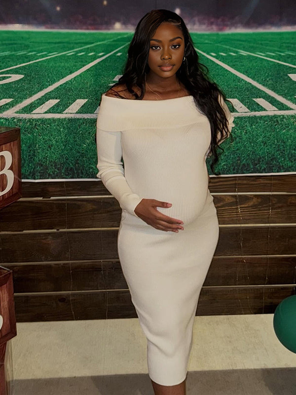Momnfancy White Knitting Off Shoulder Backless Bodycon Long Sleeve Baby Shower Maternity Sweater Dress